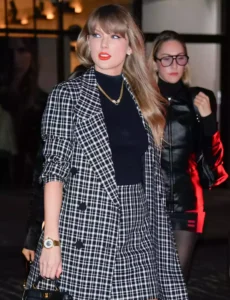 Taylor Swift Rocks Plaid Coat, Matching Mini and a Twist on Her Signature Lip for Girls' Night in NYC