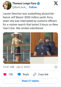 Jeff Bezos' $500 million yacht hit with surprise raid as Lauren Sánchez's sunbathing gets interrupted. Her reaction is viral